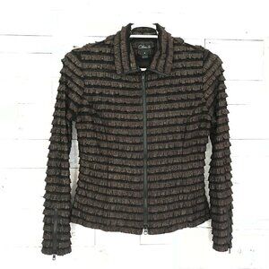 Clara S Brown Metallic Layered Ruffle Zip Jacket Medium